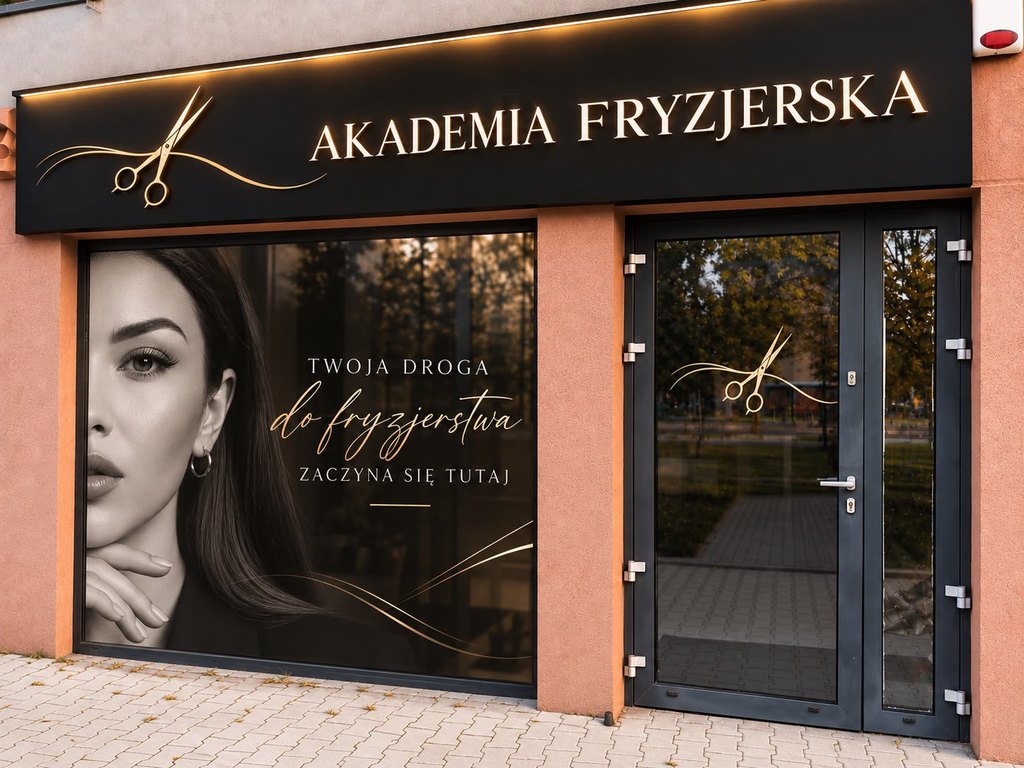 Wejście do akademii — podświetlany szyld „AKADEMIA FRYZJERSKA” nad witryną salonu